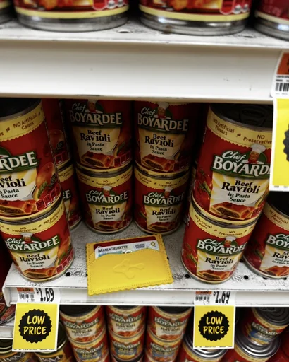Yellow ravioli card holder resting on a store shelf beside cans of beef ravioli