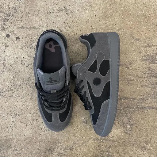 ravisauce dark grey suede skate sneakers pair top down on concrete alt
